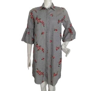 CALVIN KLEIN Shirt Dress, 4, Stripe, Embroidered Floral, Black/White, Bell cuff